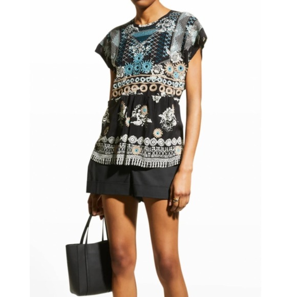 Johnny Was Embroidered Perlette Tie-Back Silk Blouse Short Sleeve Size S NWT - Picture 2 of 9
